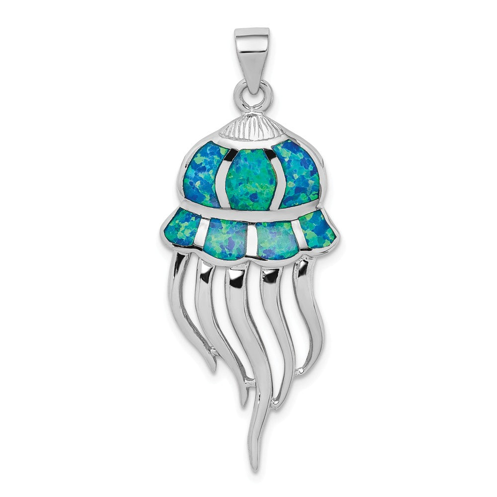 Million Charms 925 Sterling Silver Rhodium-Plated Created Blue Opal Jellyfish Pendant