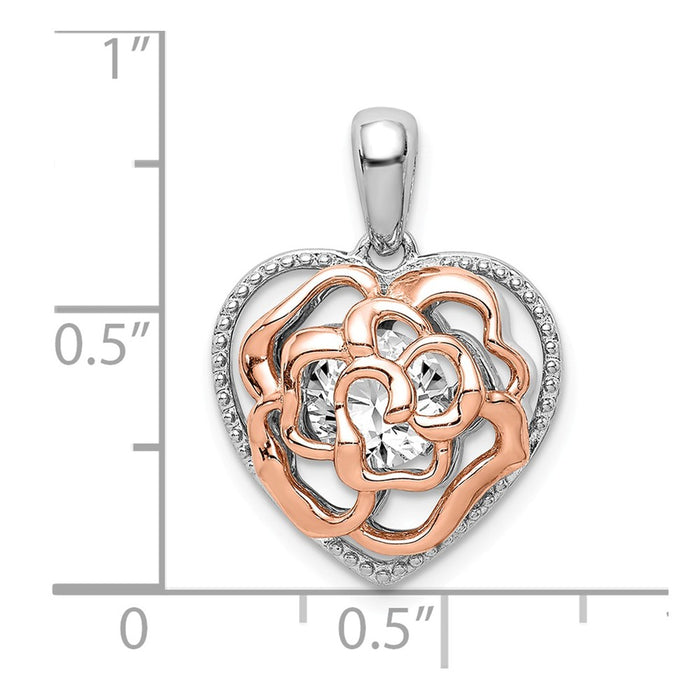 Million Charms 925 Sterling Silver Rhod-Plated & Rose-Tone Heart With Vibrant (Cubic Zirconia) CZ Pendant