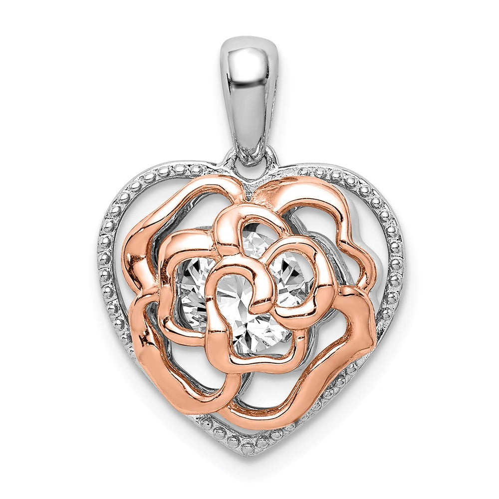 Million Charms 925 Sterling Silver Rhod-Plated & Rose-Tone Heart With Vibrant (Cubic Zirconia) CZ Pendant
