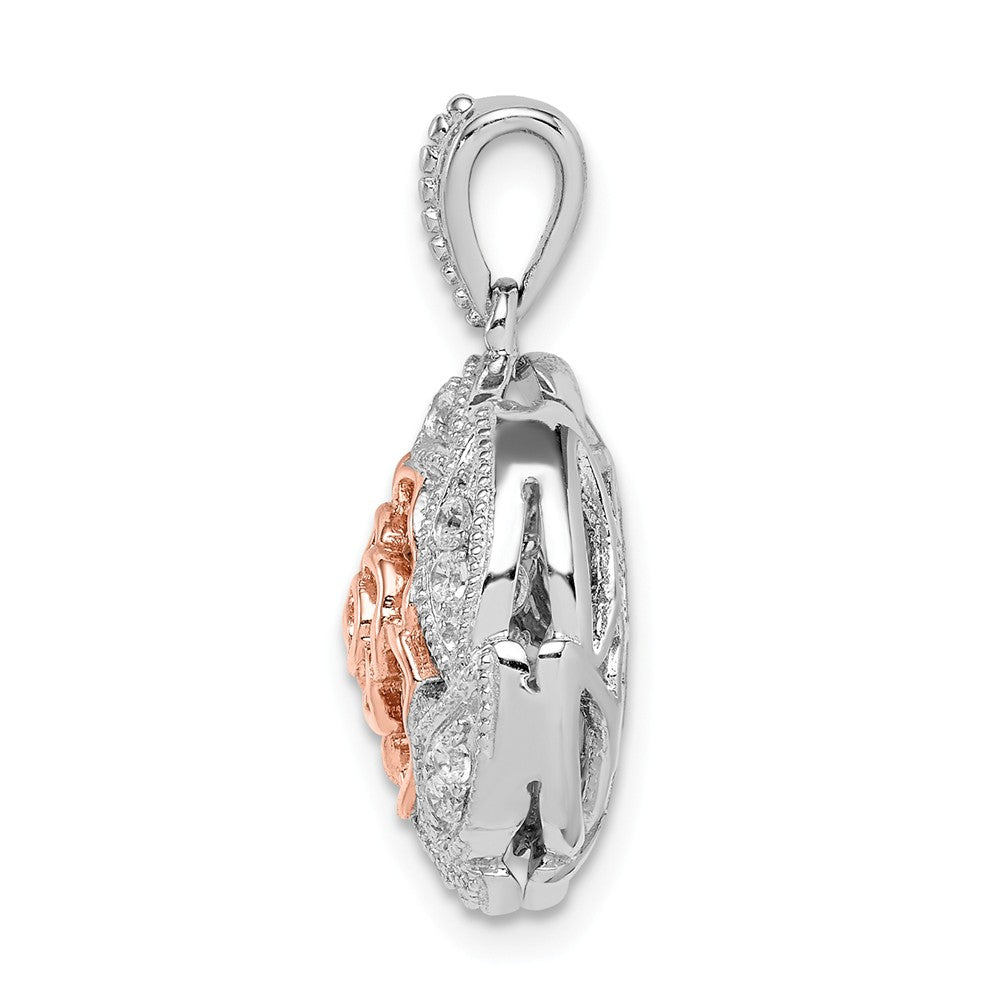 Million Charms 925 Sterling Silver Rhod-Plated & Rose-Tone Flower With Vibrant (Cubic Zirconia) CZ Pendant