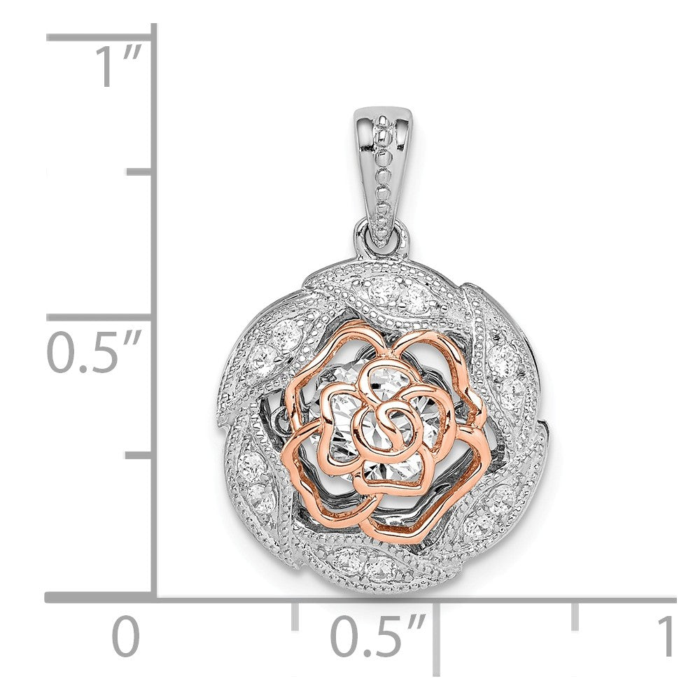 Million Charms 925 Sterling Silver Rhod-Plated & Rose-Tone Flower With Vibrant (Cubic Zirconia) CZ Pendant