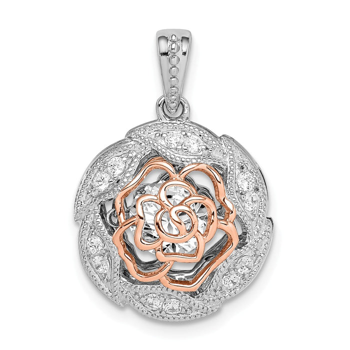Million Charms 925 Sterling Silver Rhod-Plated & Rose-Tone Flower With Vibrant (Cubic Zirconia) CZ Pendant