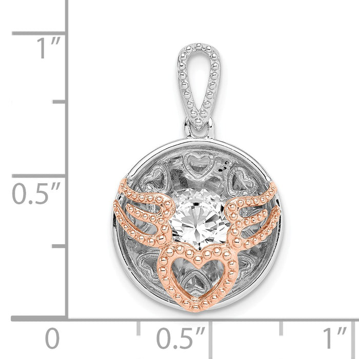 Million Charms 925 Sterling Silver Rhod-Plated & Rose-Tone Heart & Wings With Vibrant (Cubic Zirconia) CZ Pendant