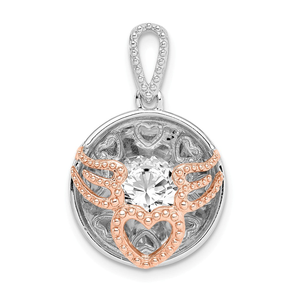 Million Charms 925 Sterling Silver Rhod-Plated & Rose-Tone Heart & Wings With Vibrant (Cubic Zirconia) CZ Pendant