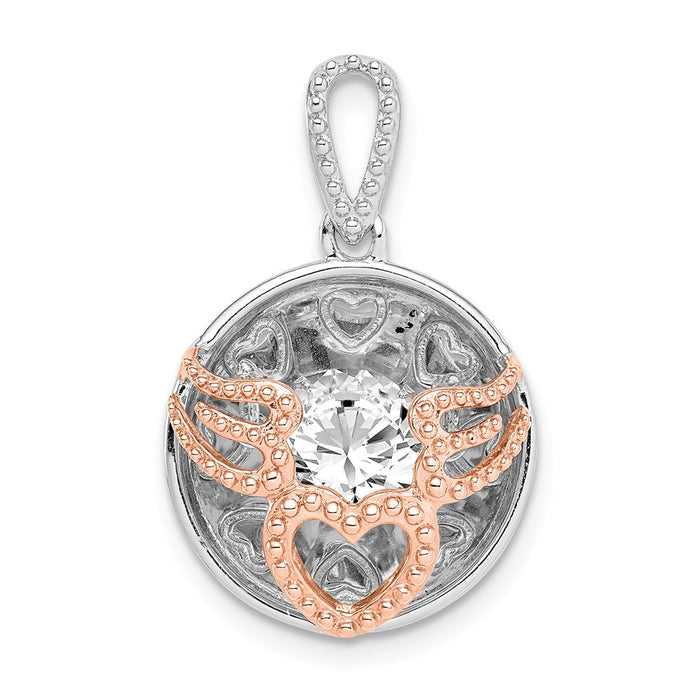 Million Charms 925 Sterling Silver Rhod-Plated & Rose-Tone Heart & Wings With Vibrant (Cubic Zirconia) CZ Pendant