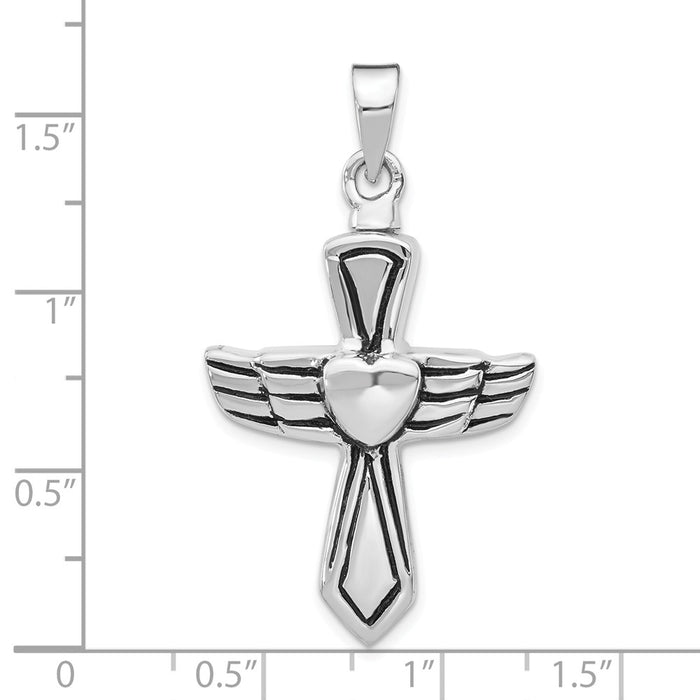 Million Charms 925 Sterling Silver Rhodium-Plated Antiqued Relgious Cross With Heart Ash Holder Pendant