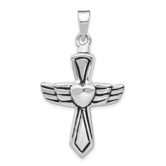Million Charms 925 Sterling Silver Rhodium-Plated Antiqued Relgious Cross With Heart Ash Holder Pendant
