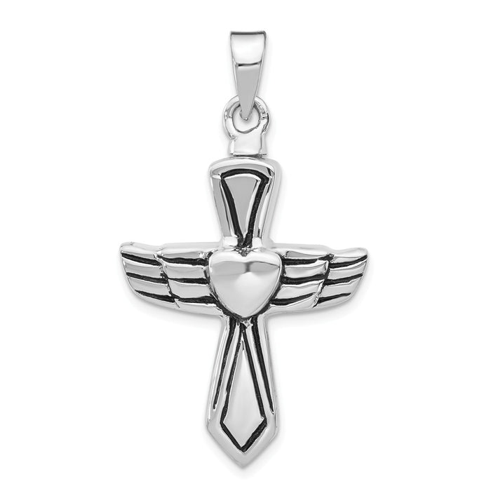 Million Charms 925 Sterling Silver Rhodium-Plated Antiqued Relgious Cross With Heart Ash Holder Pendant