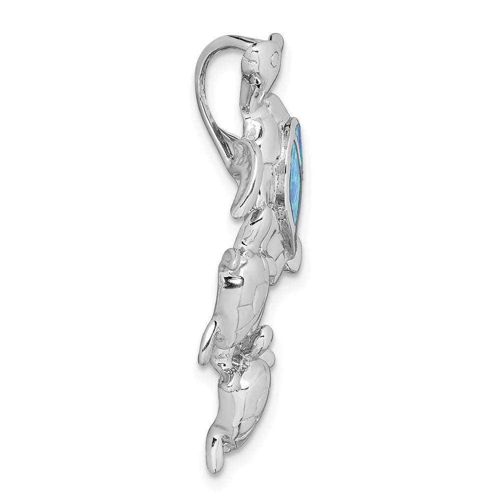 Million Charms 925 Sterling Silver Rhodium-Plated Created Blue Opal Sea Turtles Slide