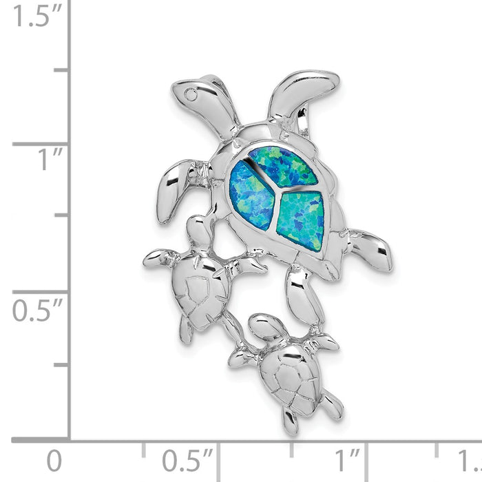 Million Charms 925 Sterling Silver Rhodium-Plated Created Blue Opal Sea Turtles Slide