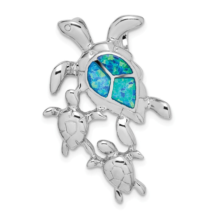 Million Charms 925 Sterling Silver Rhodium-Plated Created Blue Opal Sea Turtles Slide