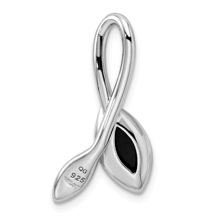Million Charms 925 Sterling Silver Rhodium-Plated Polished, Brushed Onyx Leaf Slide