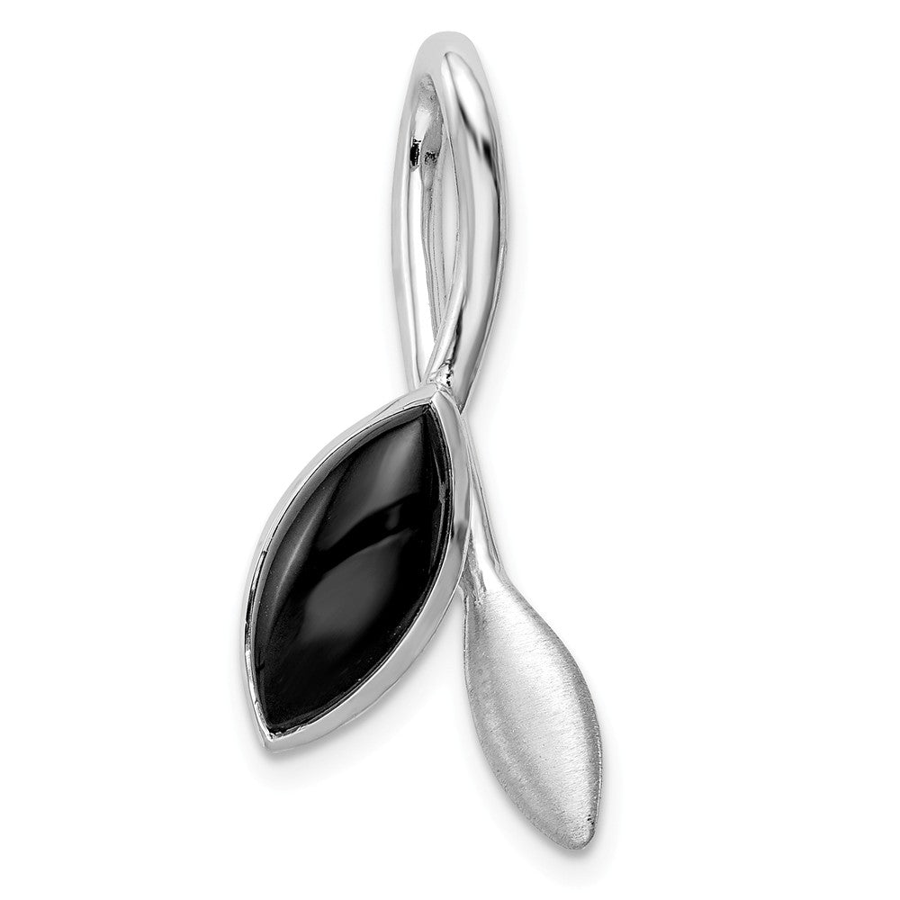 Million Charms 925 Sterling Silver Rhodium-Plated Polished, Brushed Onyx Leaf Slide