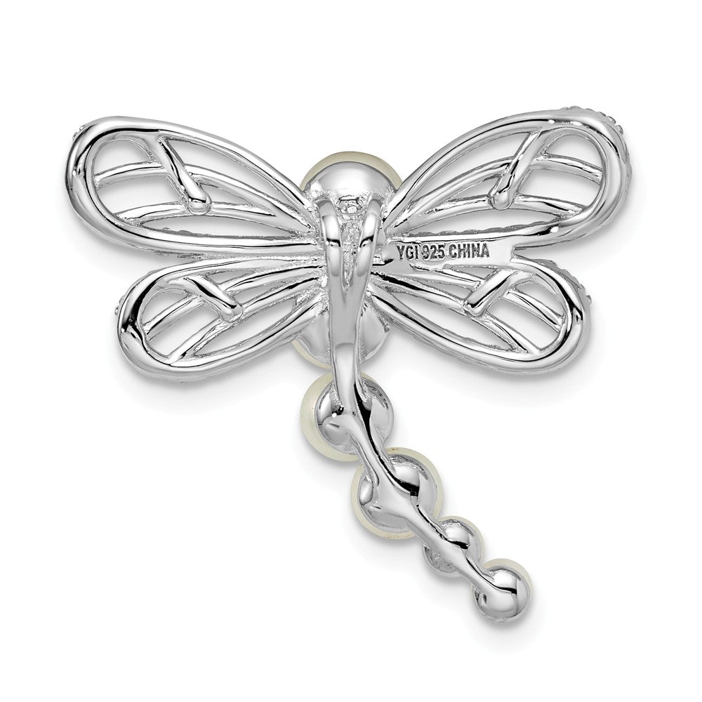 Million Charms 925 Sterling Silver Rhod-Plated Imitation Shell Pearl Dragonfly Chain Slide