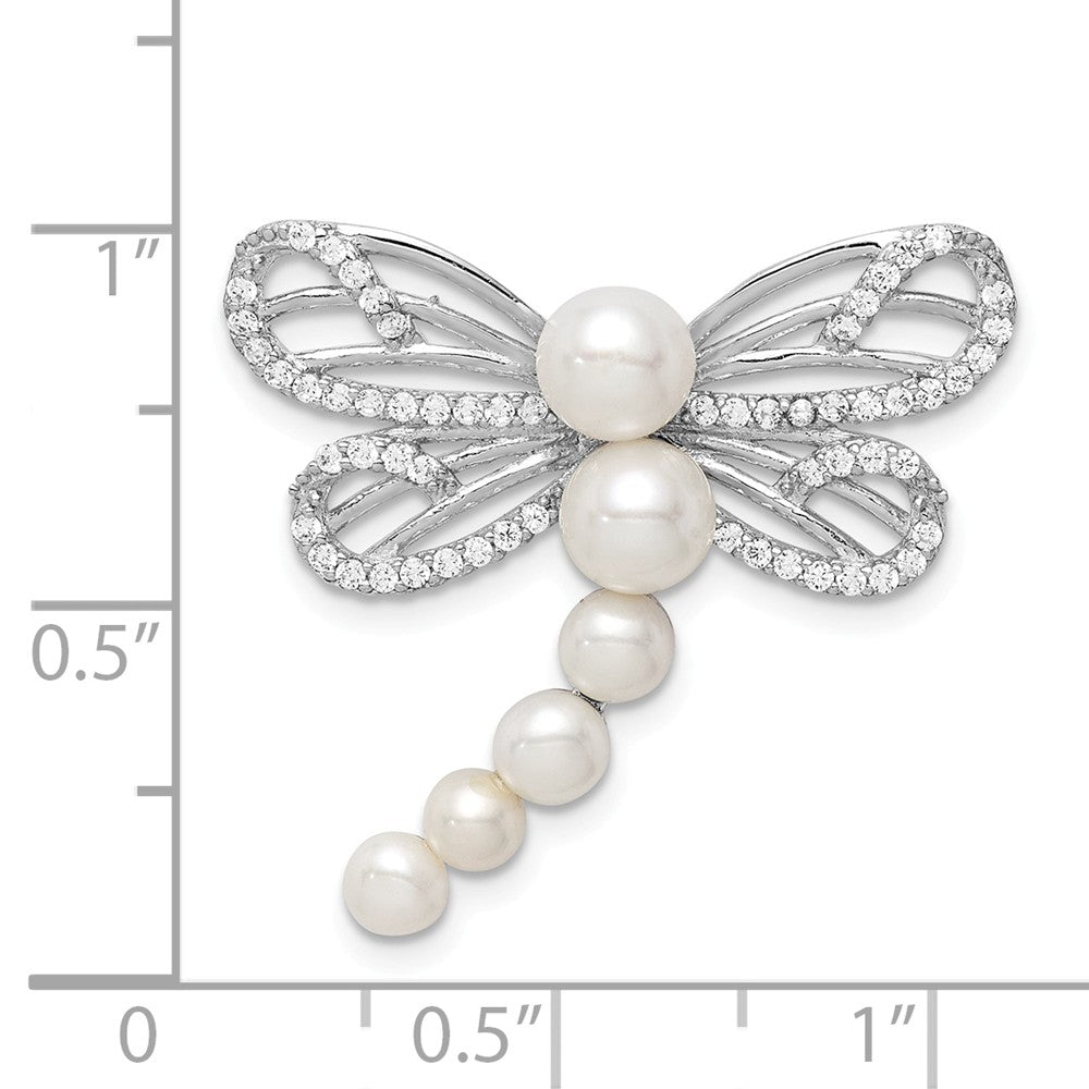 Million Charms 925 Sterling Silver Rhod-Plated Imitation Shell Pearl Dragonfly Chain Slide