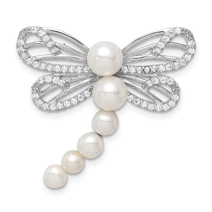 Million Charms 925 Sterling Silver Rhod-Plated Imitation Shell Pearl Dragonfly Chain Slide