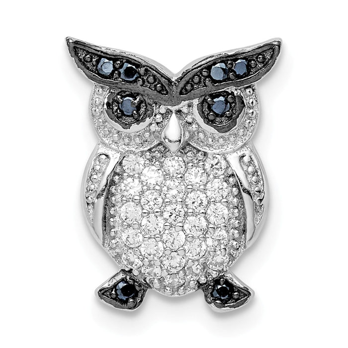 Million Charms 925 Sterling Silver Rhodium-Plated Black, Clear (Cubic Zirconia) CZ Owl Chain Slide