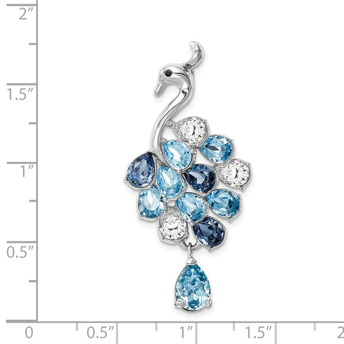 Million Charms 925 Sterling Silver Rhodium-Plated Clear & Blue Crystal Peacock Chain Slide