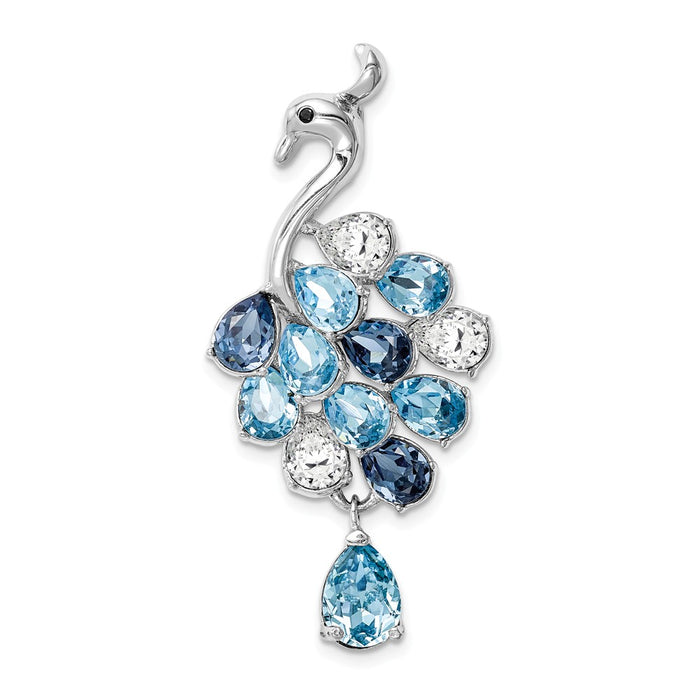 Million Charms 925 Sterling Silver Rhodium-Plated Clear & Blue Crystal Peacock Chain Slide