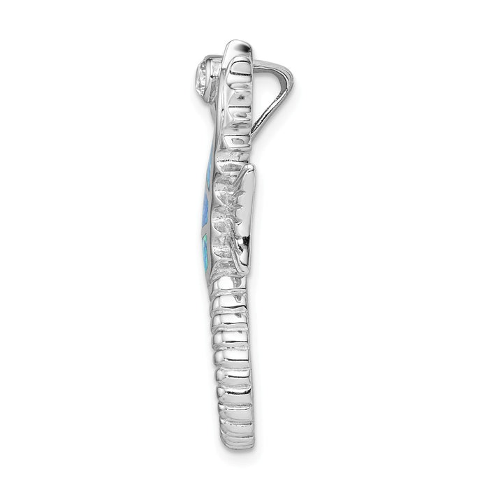 Million Charms 925 Sterling Silver Rhodium-Plated Created Blue Opal & (Cubic Zirconia) CZ Nautical Seahorse Slide