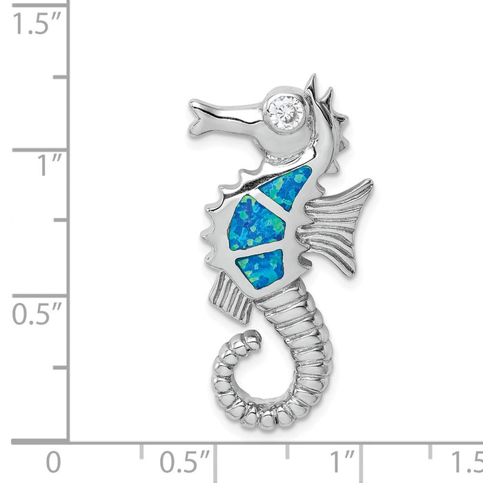 Million Charms 925 Sterling Silver Rhodium-Plated Created Blue Opal & (Cubic Zirconia) CZ Nautical Seahorse Slide
