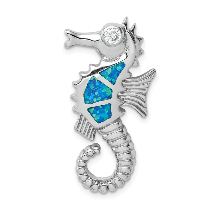 Million Charms 925 Sterling Silver Rhodium-Plated Created Blue Opal & (Cubic Zirconia) CZ Nautical Seahorse Slide