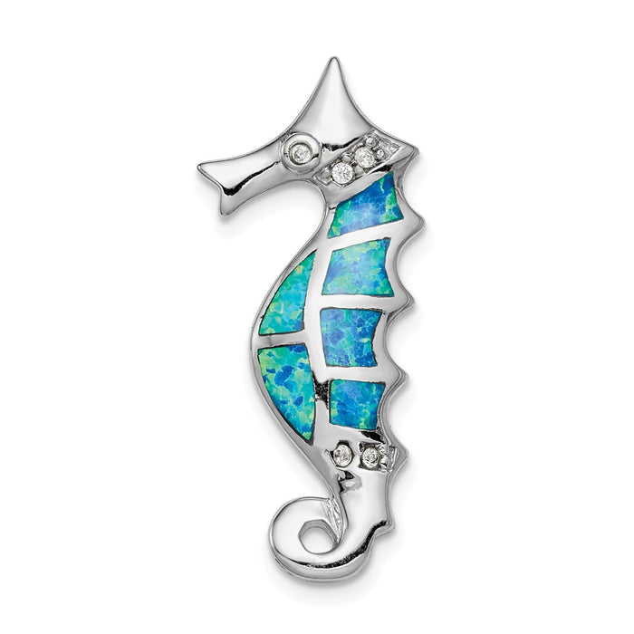 Million Charms 925 Sterling Silver Rhodium-Plated Created Blue Opal & (Cubic Zirconia) CZ Nautical Seahorse Slide