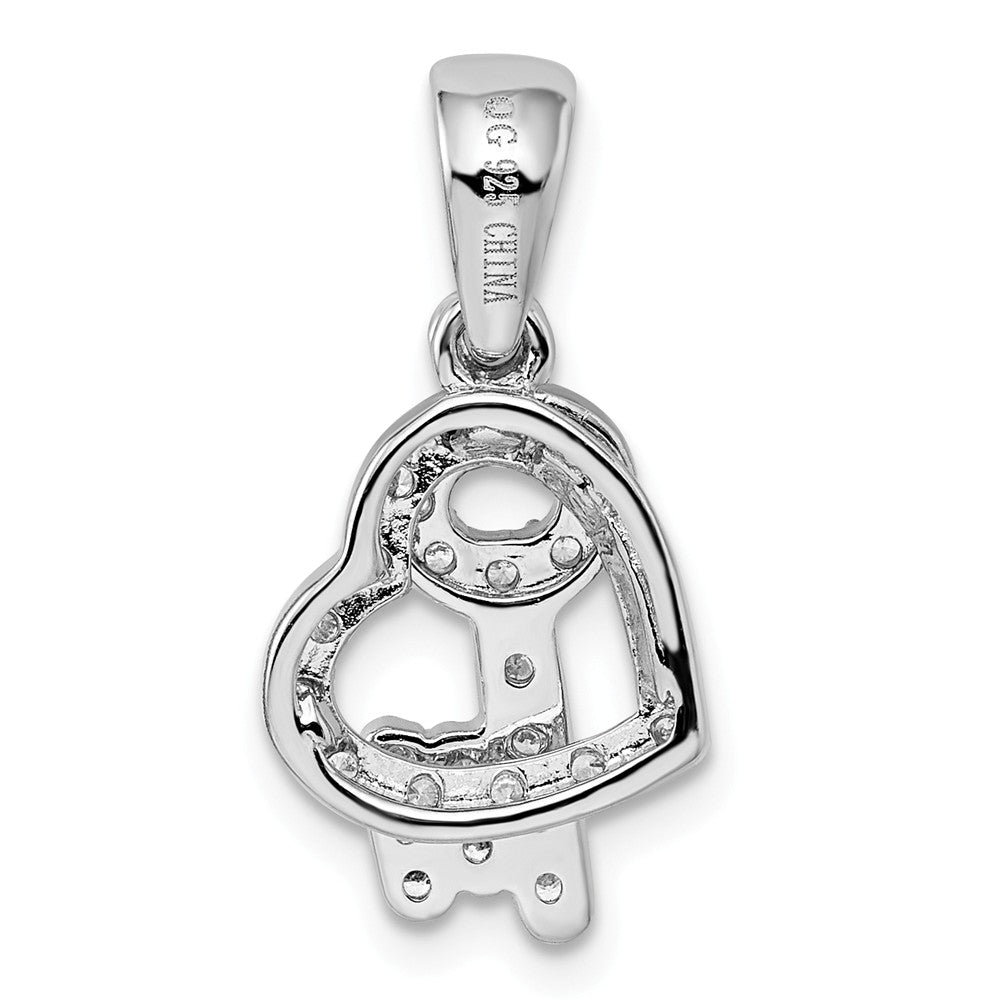 Million Charms 925 Sterling Silver Rhodium-Plated (Cubic Zirconia) CZ Heart & Key Fancy Pendant