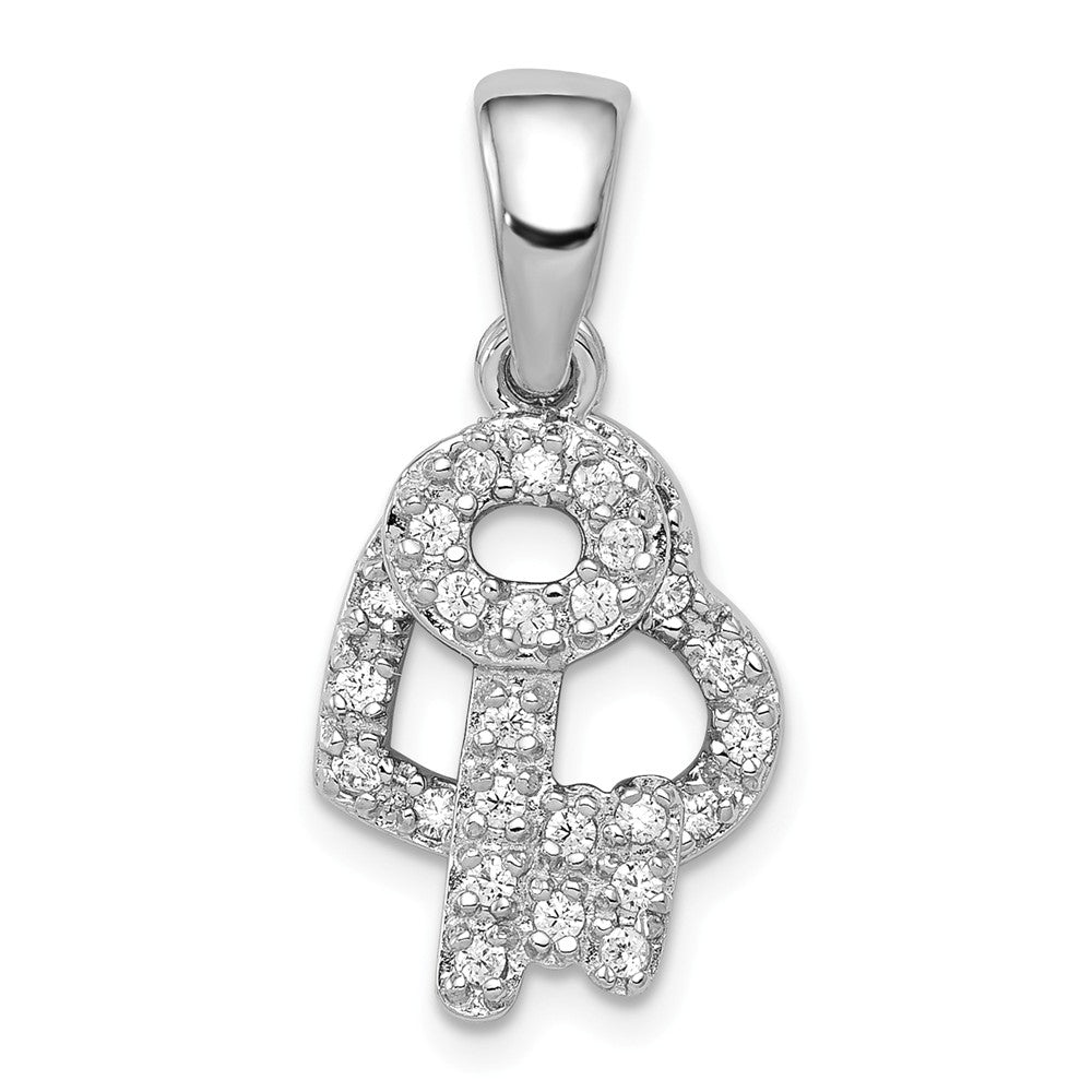 Million Charms 925 Sterling Silver Rhodium-Plated (Cubic Zirconia) CZ Heart & Key Fancy Pendant