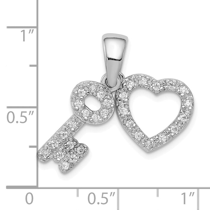 Million Charms 925 Sterling Silver Rhodium-Plated (Cubic Zirconia) CZ Heart & Key Fancy Pendant