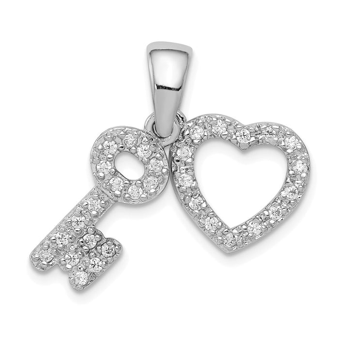 Million Charms 925 Sterling Silver Rhodium-Plated (Cubic Zirconia) CZ Heart & Key Fancy Pendant