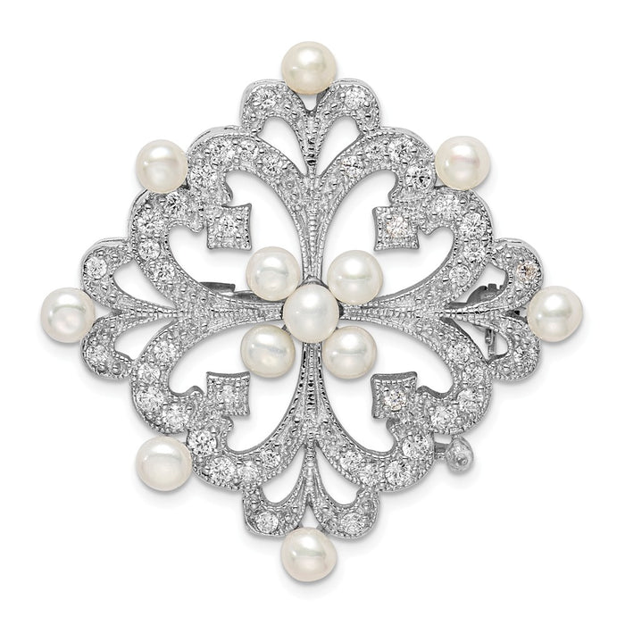 925 Sterling Silver Rhodium-plated FW Cultured Pearl & CZ Pin