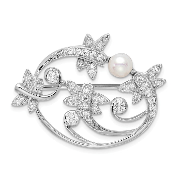 925 Sterling Silver Rhodium-plated Simulated Pearl and CZ Pin