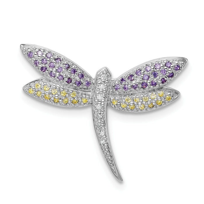 925 Sterling Silver Rhodium-plated Purple, Yellow & Clear CZ Dragonfly Pin