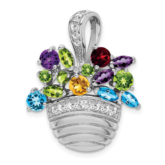 925 Sterling Silver Rhodium-plated Multi-color Gemstone Basket Pendant/ Pin