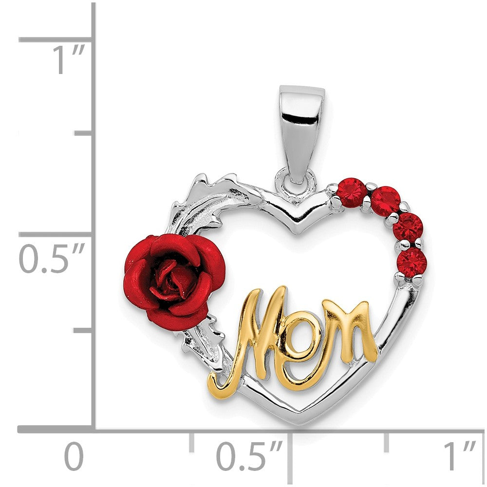 Million Charms 925 Sterling Silver Vermeil Red Flower & (Cubic Zirconia) CZ Mom Pendant
