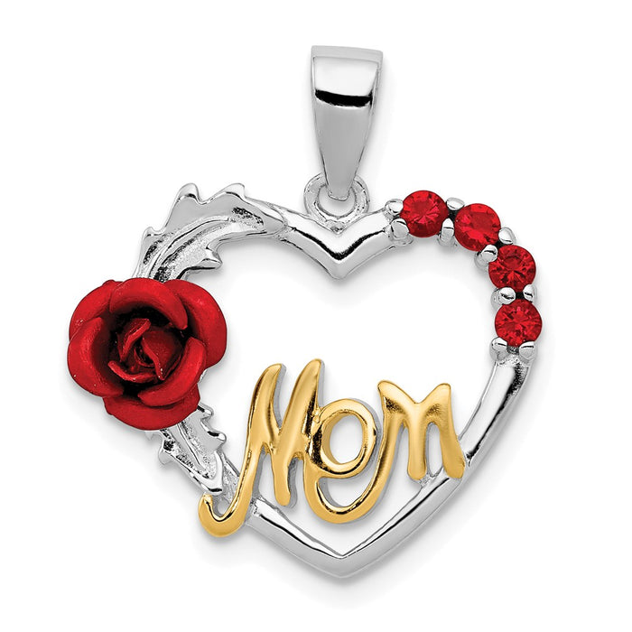 Million Charms 925 Sterling Silver Vermeil Red Flower & (Cubic Zirconia) CZ Mom Pendant