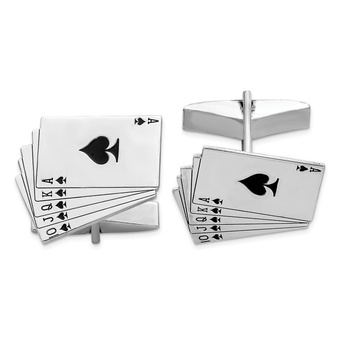 Occasion Gallery, Men's Accessories, 925 Sterling Silver Rhodium-plated Royal Flush Novelty Card Cuff Links