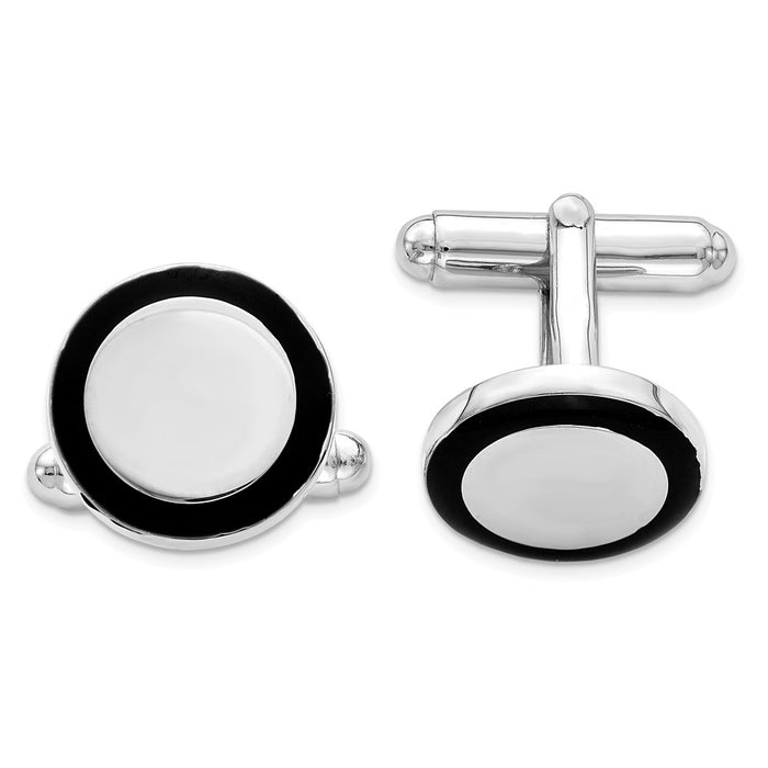 Occasion Gallery, Men's Accessories, 925 Sterling Silver Rhodium-plated and Black Enamel Round Cuff Links