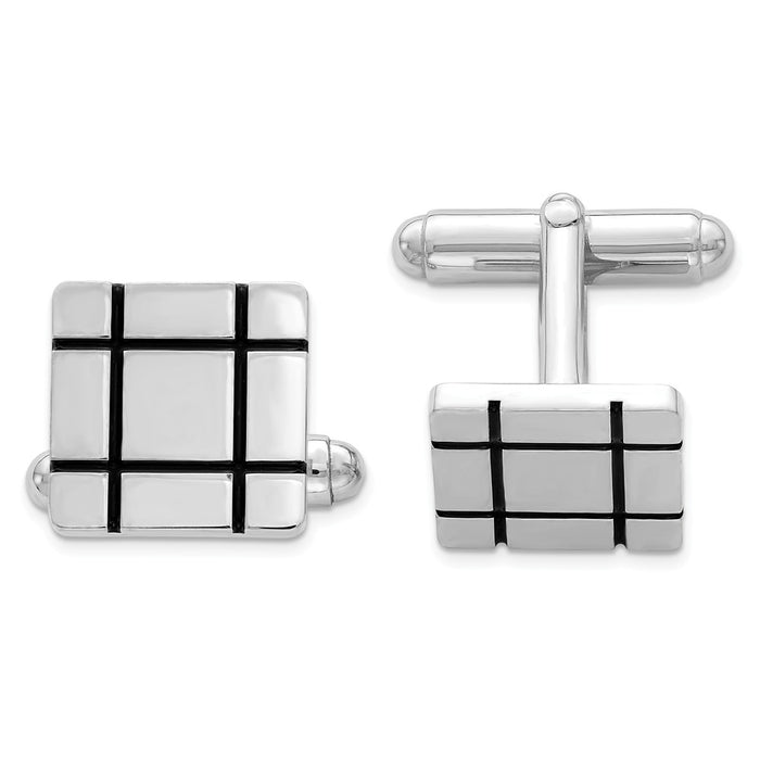 Occasion Gallery, Men's Accessories, 925 Sterling Silver Rhodium-plated and Black Enamel Groove Square Cuff Links