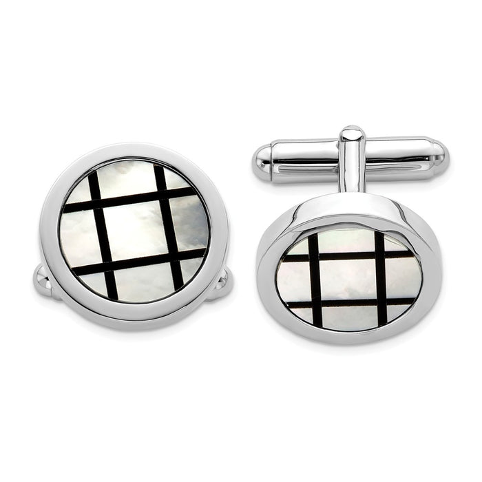 Occasion Gallery, Men's Accessories, 925 Sterling Silver Rhodium-plated with MOP & Black Enamel Cuff Links