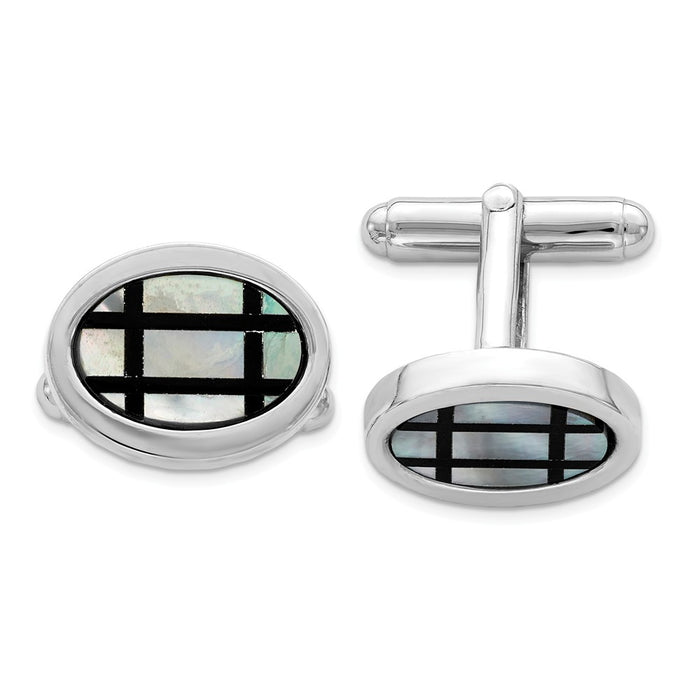 Occasion Gallery, Men's Accessories, 925 Sterling Silver Rhodium-plated with MOP and Black Enamel Cuff Links