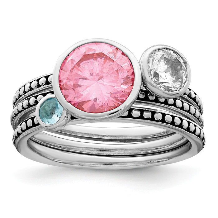 Stella Silver Jewelry Set - 925 Sterling Silver Rhodium-plated with Pink & White Cubic Zirconia ( CZ ) and Blue Glass Ring Set