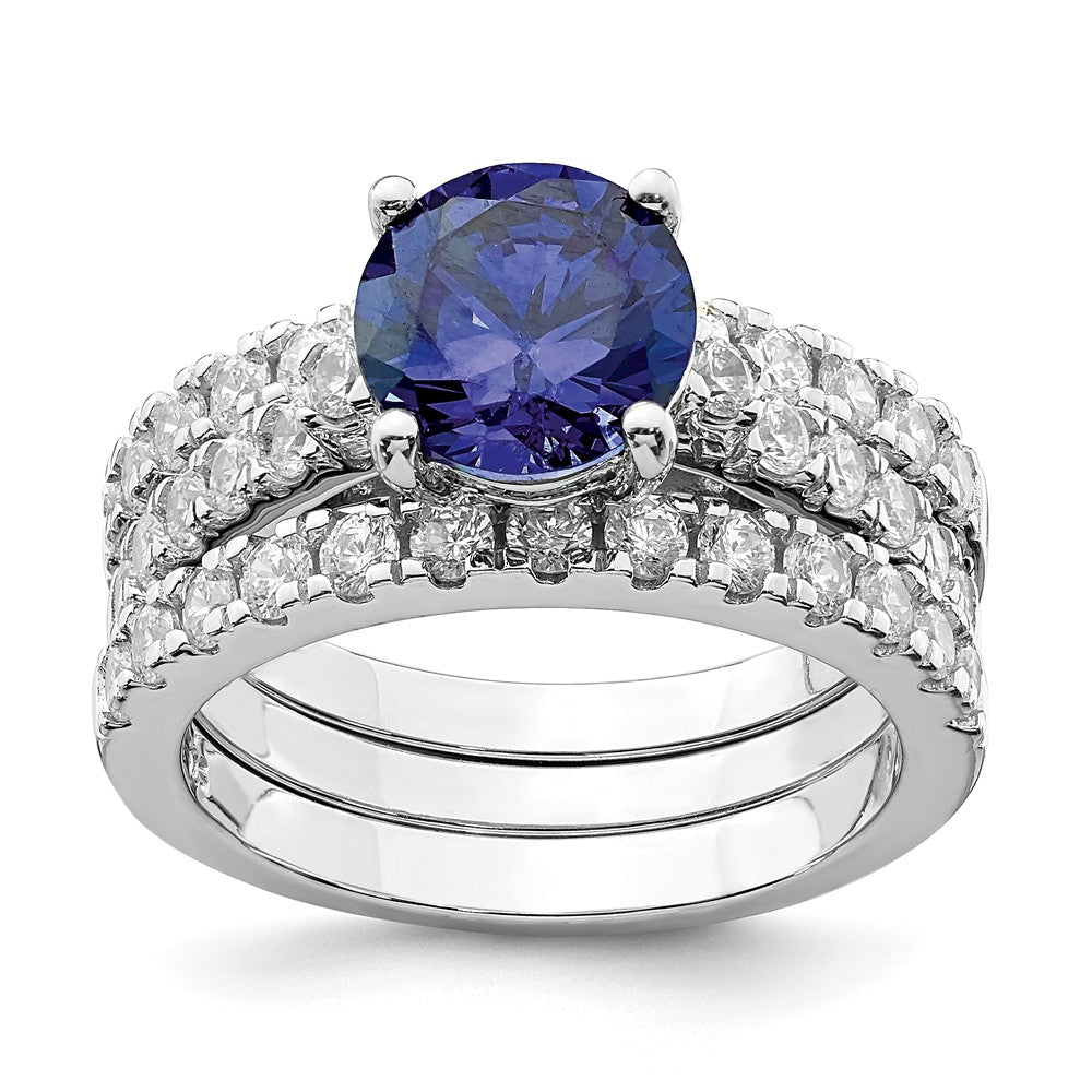 Stella Silver Jewelry Set - 925 Sterling Silver Rhodium-plated 8mm Blue Cubic Zirconia ( CZ ) Ring & 2 Cubic Zirconia ( CZ ) Band Set