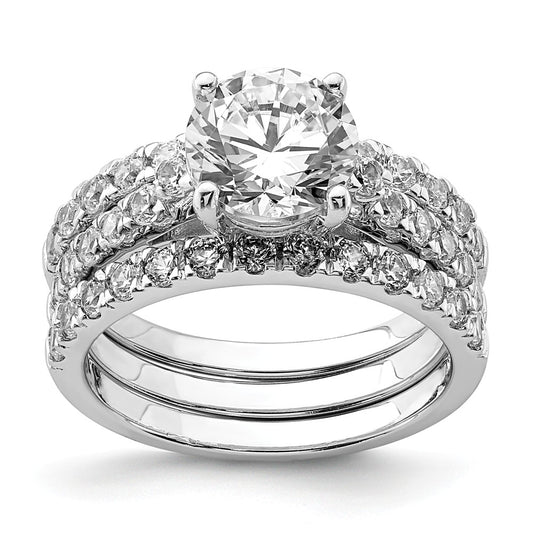 Stella Silver Jewelry Set - 925 Sterling Silver Rhodium-plated 8mm Cubic Zirconia ( CZ ) Ring & 2 Cubic Zirconia ( CZ ) Band Set