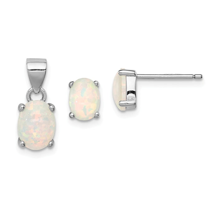 Stella Silver Jewelry Set - 925 Sterling Silver Rhodium-plated Created Opal Pendant & Earrings Set - Oval