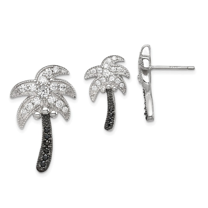 Stella Silver Jewelry Set - 925 Sterling Silver Black & White Cubic Zirconia ( CZ ) Palm Tree Slide Pendant and Post Earrings