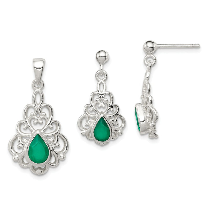 Stella Silver Jewelry Set - 925 Sterling Silver Polished Green Agate Pendant and Post Earrings Set