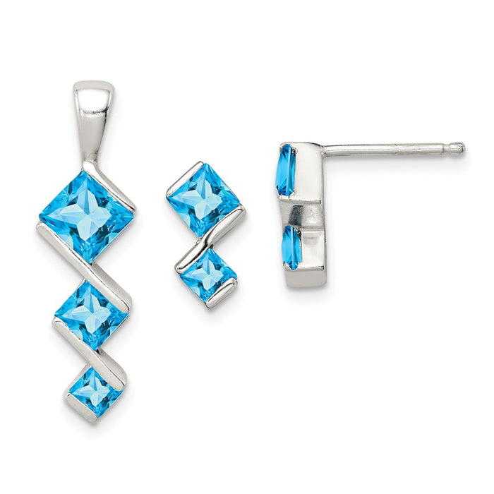Stella Silver Jewelry Set - 925 Sterling Silver Polished Blue Topaz Pendant and Post Earrings Set