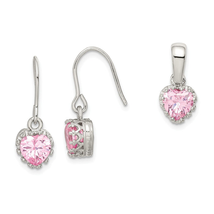 Stella Silver Jewelry Set - 925 Sterling Silver Pink Cubic Zirconia ( CZ ) Heart Earrings and Pendant Set